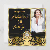 Fabulous 50 Black Gold Faux Diamond Photo Party Kaart (Voorkant)