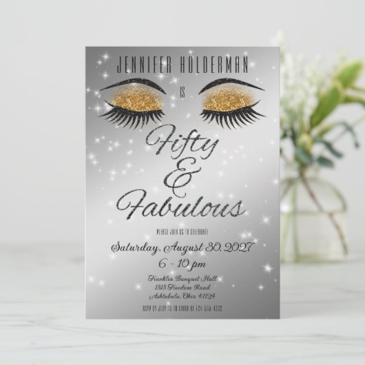 Fabulous 50 Black Gold Glam Eyes Invitation Kaart (Staand voorkant)