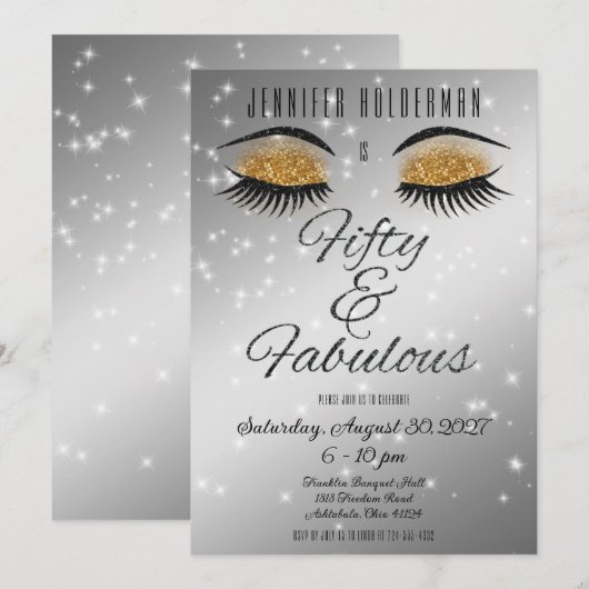 Fabulous 50 Black Gold Glam Eyes Invitation Kaart (Voorkant / Achterkant)