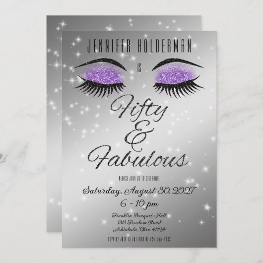 Fabulous 50 Black Paars Glam Eyes Invitation Kaart (Voorkant / Achterkant)