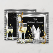 Fabulous 50 Black Silver Stripe Birthday Party Kaart (Voorkant / Achterkant)