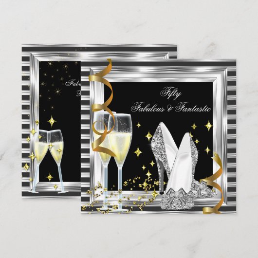 Fabulous 50 Black Silver Stripe Birthday Party Kaart (Voorkant / Achterkant)