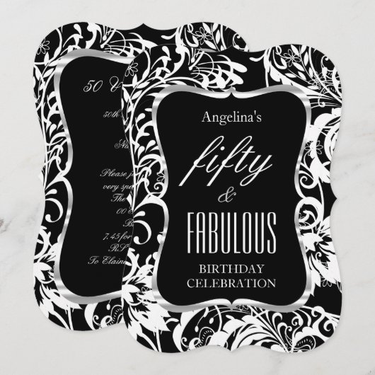 Fabulous 50 Black White Floral Elegant Party Kaart (Voorkant / Achterkant)