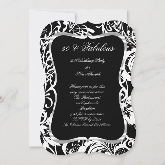 Fabulous 50 Black White Floral Elegant Party Kaart (Achterkant)