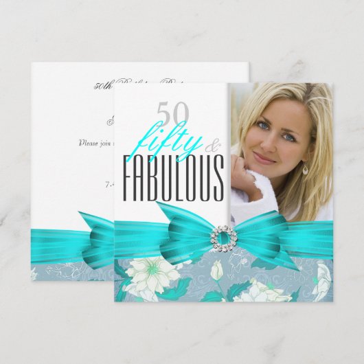 Fabulous 50 Blauwgroen Blue Floral Birthday Party  Kaart (Voorkant / Achterkant)