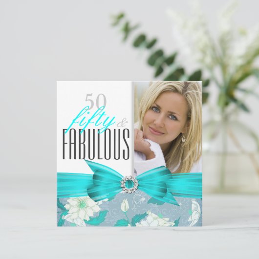 Fabulous 50 Blauwgroen Blue Floral Birthday Party  Kaart (Staand voorkant)