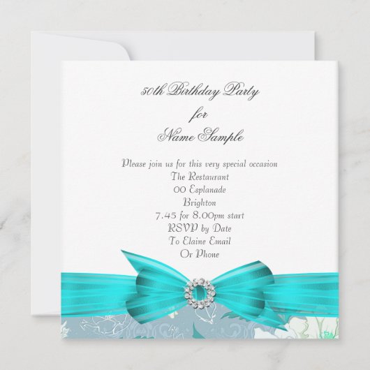 Fabulous 50 Blauwgroen Blue Floral Birthday Party  Kaart (Achterkant)