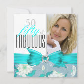 Fabulous 50 Blauwgroen Blue Floral Birthday Party  Kaart (Voorkant)