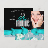 Fabulous 50 Blauwgroen Blue Floral Birthday Party Kaart (Voorkant / Achterkant)