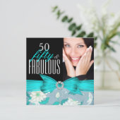 Fabulous 50 Blauwgroen Blue Floral Birthday Party Kaart (Staand voorkant)