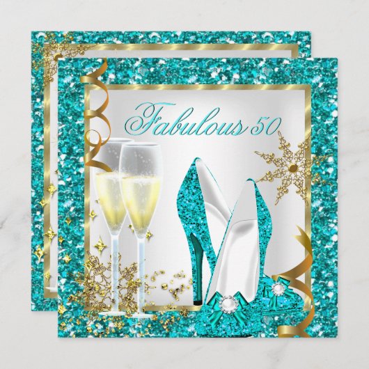 Fabulous 50 Blauwgroen Blue Glitter Gold Birthday  Kaart (Voorkant / Achterkant)
