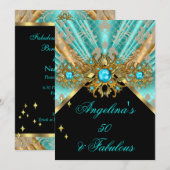 Fabulous 50 Blauwgroen Blue Gold Black Damask Birt Kaart (Voorkant / Achterkant)