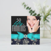 Fabulous 50 Blauwgroen Blue Navy Damask Birthday P Kaart (Staand voorkant)
