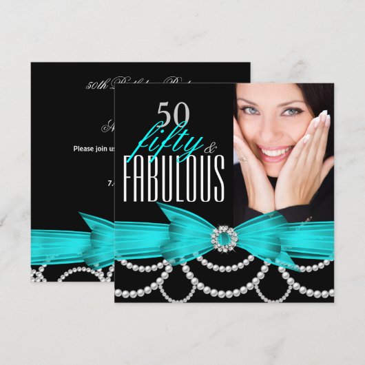 Fabulous 50 Blauwgroen Blue Pearls Foto Birthday P Kaart (Voorkant / Achterkant)