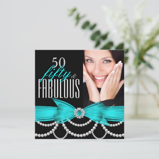 Fabulous 50 Blauwgroen Blue Pearls Foto Birthday P Kaart (Staand voorkant)