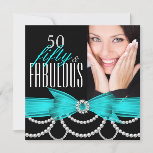 Fabulous 50 Blauwgroen Blue Pearls Foto Birthday P Kaart (Voorkant)