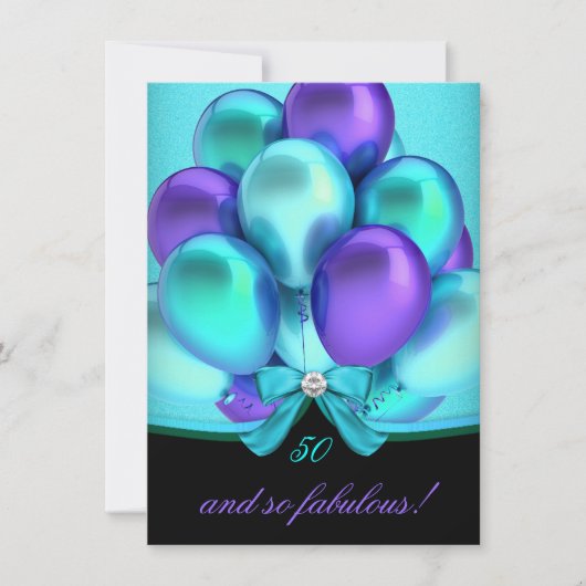 Fabulous 50 Blauwgroen Paarse Balloons Partij Kaart (Voorkant)