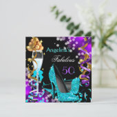 Fabulous 50 Blauwgroen Paarse Heels Gold Bubbles P Kaart (Staand voorkant)