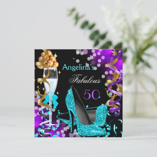 Fabulous 50 Blauwgroen Paarse Heels Gold Bubbles P Kaart (Staand voorkant)