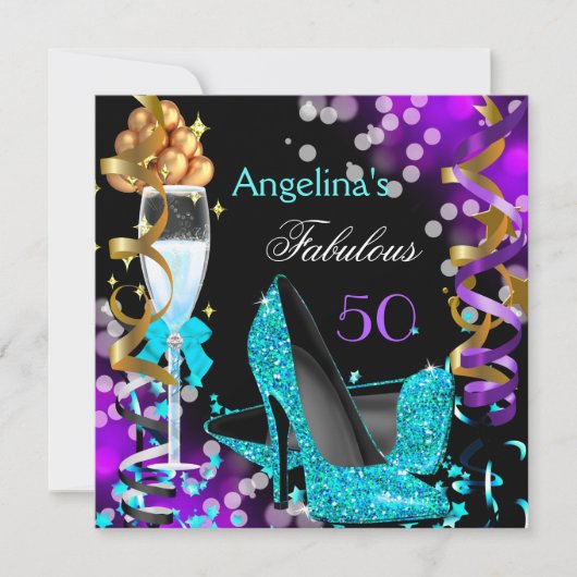 Fabulous 50 Blauwgroen Paarse Heels Gold Bubbles P Kaart (Voorkant)