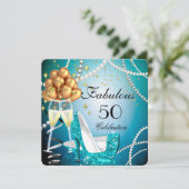 Fabulous 50 Blue High Heels Gold Champagne Party Kaart (Staand voorkant)