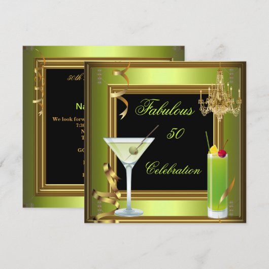 Fabulous 50 Celebration Gold Green Birthday Party Kaart (Voorkant / Achterkant)