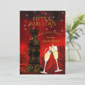 Fabulous 50 Champagne Birthday Party Red Gold Kaart (Staand voorkant)