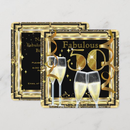 Fabulous 50 Champagne Deco Gold Birthday Party Kaart (Voorkant / Achterkant)