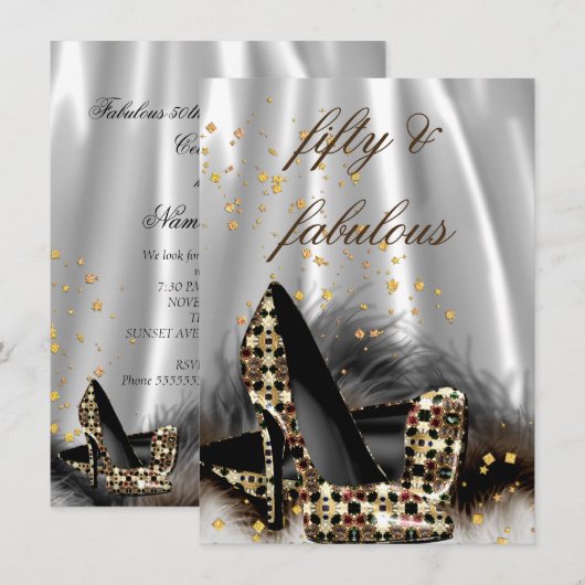 Fabulous 50 Chocolate Gold Silver Heels Birthday Kaart (Voorkant / Achterkant)