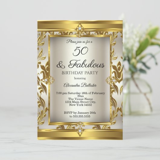 Fabulous 50 Cream Gold Damask Birthday Party Kaart (Staand voorkant)