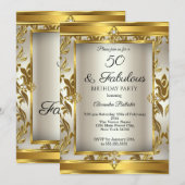 Fabulous 50 Cream Gold Damask Birthday Party Kaart (Voorkant / Achterkant)