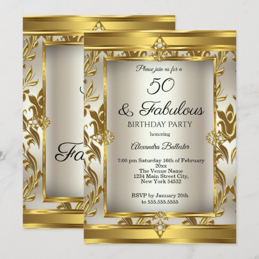 Fabulous 50 Cream Gold Damask Birthday Party Kaart (Voorkant / Achterkant)