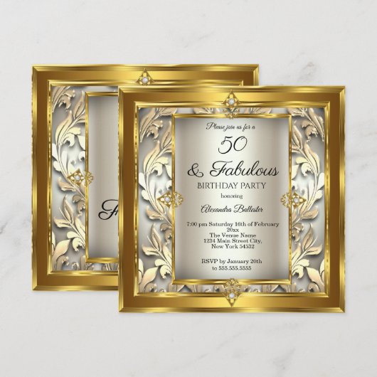 Fabulous 50 Cream Gold floral Damask Birthday Kaart (Voorkant / Achterkant)