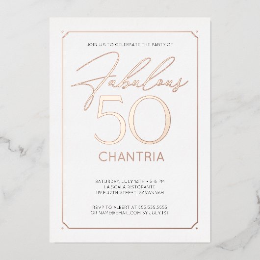 Fabulous 50 Elegant 50th Birthday Folie Invitation Uitnodiging (Voorkant)