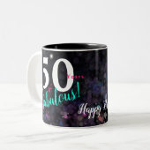 Fabulous 50, elegant mousserend roze, blauwgroen,  tweekleurige koffiemok (Voorkant links)