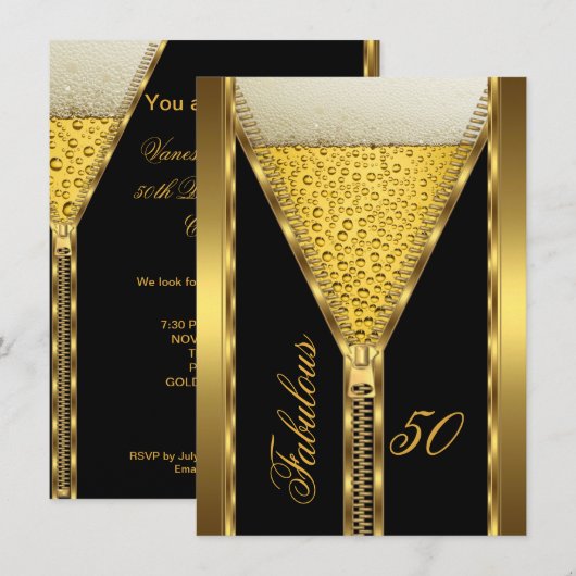 Fabulous 50 Elegant Zipper Gold Beer Drink 2 Kaart (Voorkant / Achterkant)