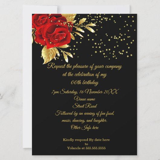 Fabulous 50 Exotic Red Rose Black Floral Gold Kaart (Achterkant)