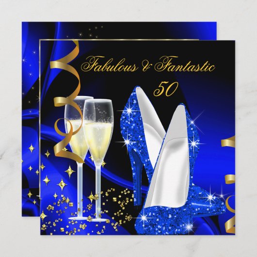 Fabulous 50 Fantastic Abstract Blue Gold Party Kaart (Voorkant / Achterkant)
