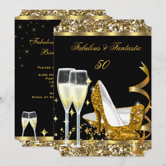 Fabulous 50 Fantastic Birthday Party Gold Black 2 Kaart (Voorkant / Achterkant)