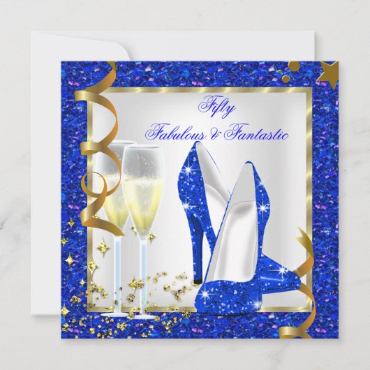 Fabulous 50 Fantastic Blue White Gold Birthday Kaart (Voorkant)