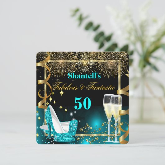 Fabulous 50 Fantastic Festive Blauwgroen Gold Part Kaart (Staand voorkant)