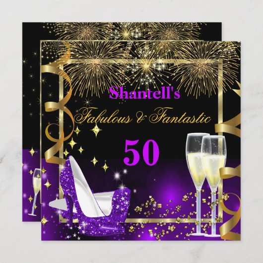 Fabulous 50 Fantastic Festive Paars Gold Party Kaart (Voorkant / Achterkant)