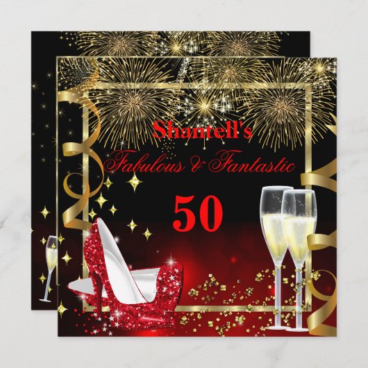 Fabulous 50 Fantastic Festive Red Gold Party Kaart (Voorkant / Achterkant)