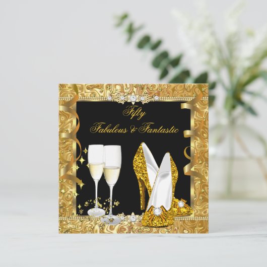 Fabulous 50 Fantastic Gold Black Birthday Party 2 Kaart (Staand voorkant)
