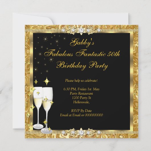 Fabulous 50 Fantastic Gold Black Birthday Party 2 Kaart (Achterkant)