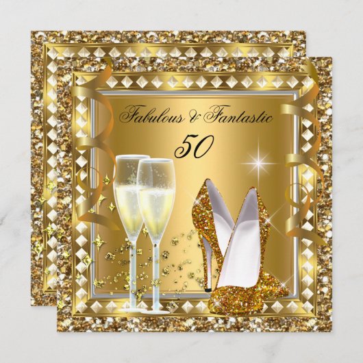 Fabulous 50 & Fantastic Gold Glam Silver Birthday Kaart (Voorkant / Achterkant)