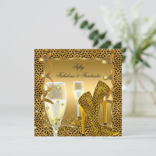 Fabulous 50 & Fantastic Leopard Black Gold Party 2 Kaart (Staand voorkant)