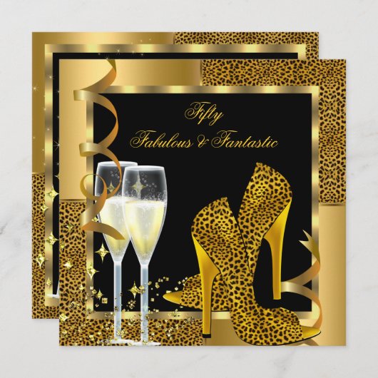 Fabulous 50 & Fantastic Leopard Black Gold Party Kaart (Voorkant / Achterkant)