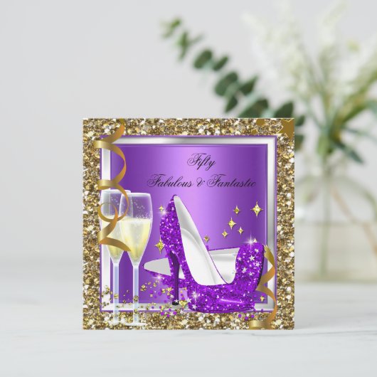 Fabulous 50 Fantastic Paars Gold Birthday Party Kaart (Staand voorkant)