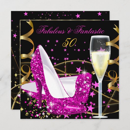 Fabulous 50 Fantastic Pink Hi Heels Gold Party Kaart (Voorkant / Achterkant)